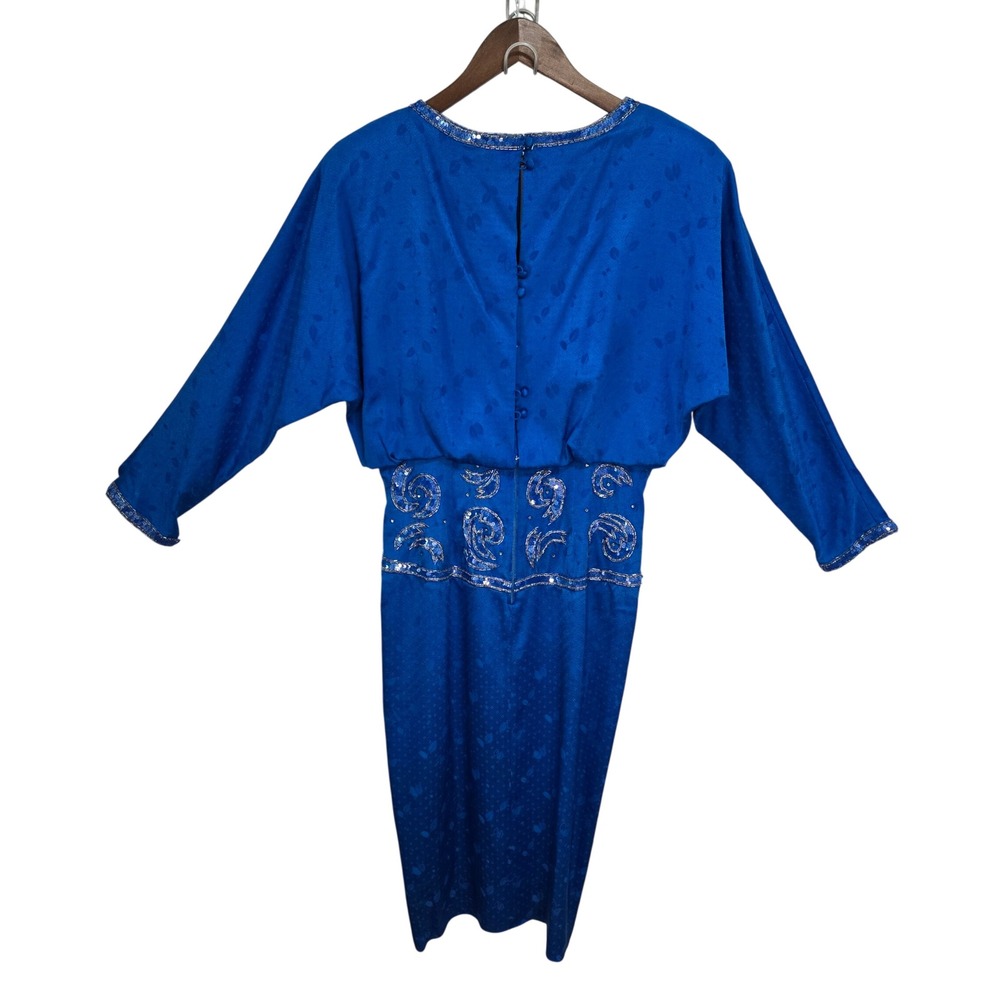 Vintage 80s AJ Bari Royal Blue Silk Jacquard Sequin Cocktail Dress Size 14 - Picture 2 of 12